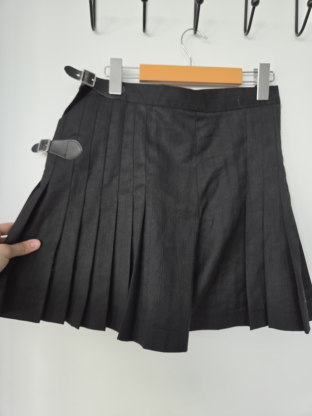 Women's Black Pleated Skirt with Buckle Detail
